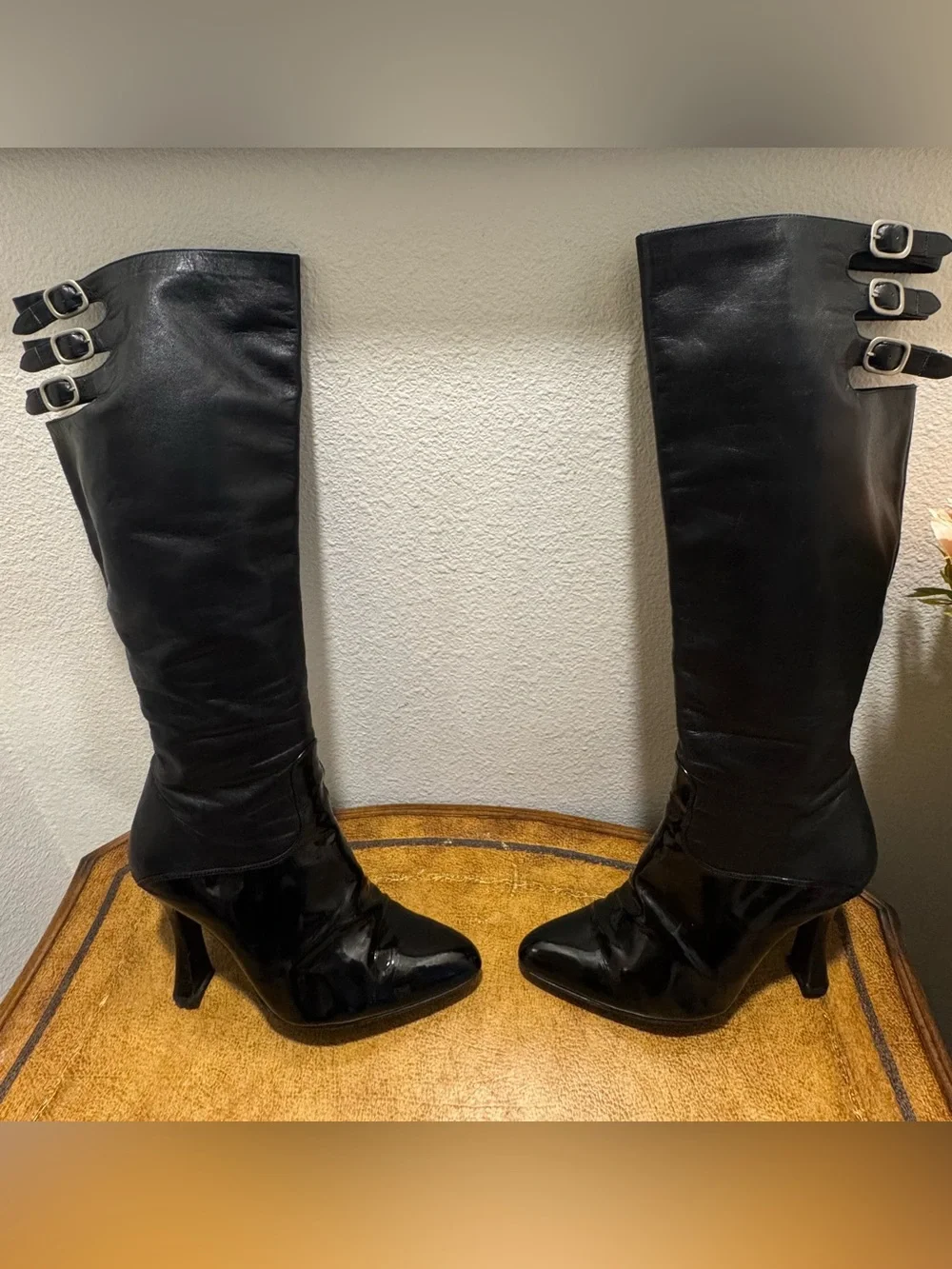 Casadei Black Knee High Leather Boots with Buckle Straps Made in Italy Size 10